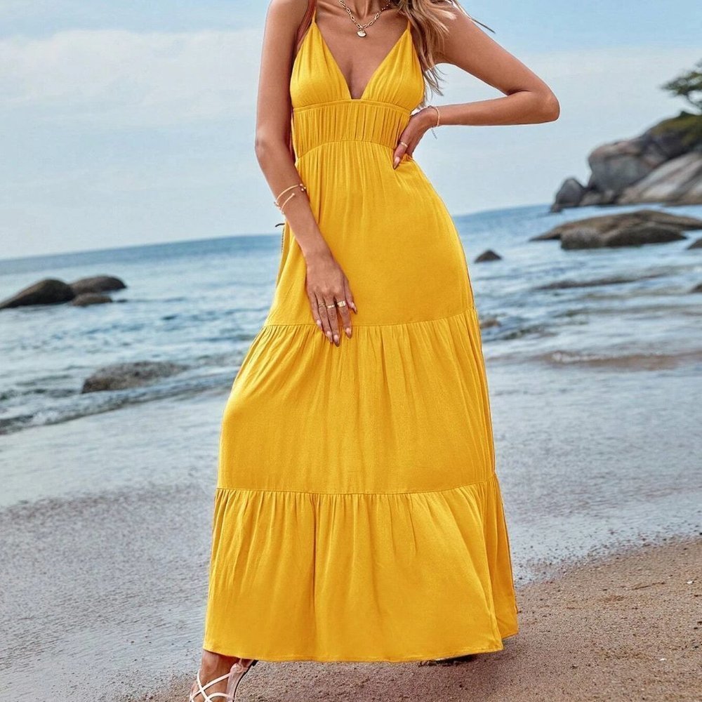 Yellow Boho Womens Ruffle Hem Maxi Cami Dress - Picture 5 of 5